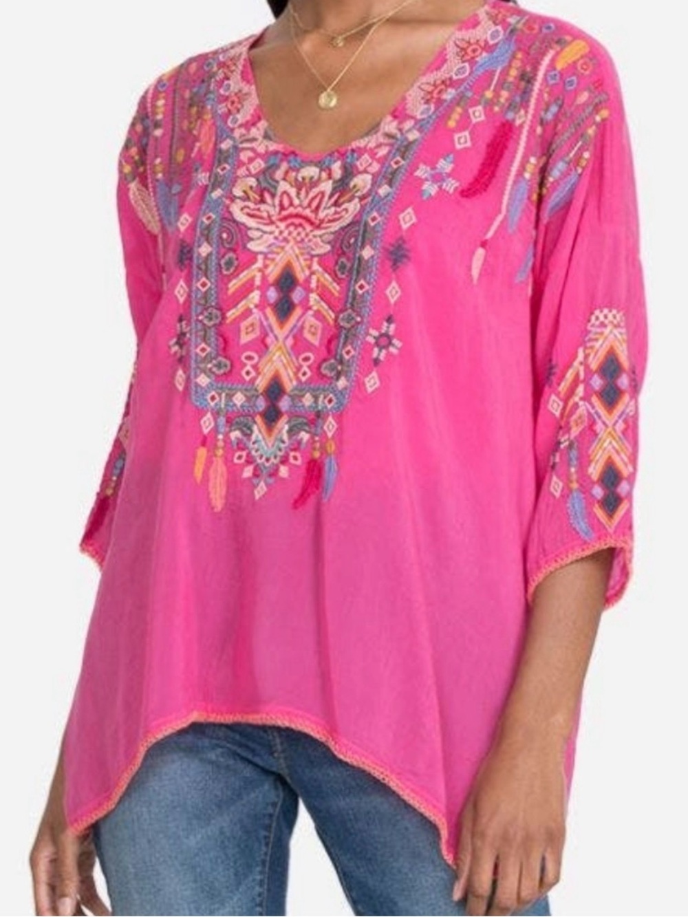 Johnny Was Hot Pink Embroidered Boho Tunic